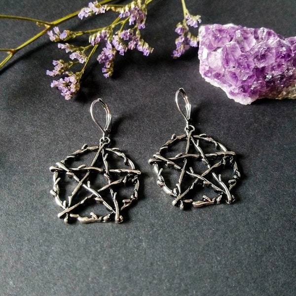 Witchy Pentagram Earrings, Pentagram Dangle Earrings with Branch Details (one pair)