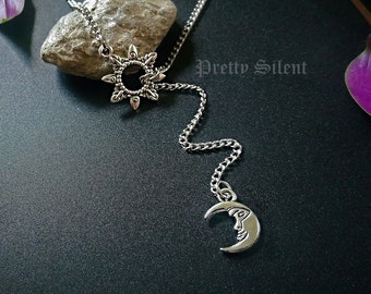 Sonne und Mond Lariat-Kette, silberne Halskette im Lariat-Stil, Boho Kette mit Sonne und Mond Anhänger