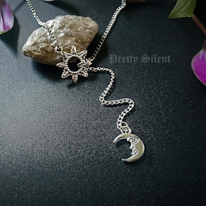 Sun and moon lariat necklace, silver lariat style necklace, boho necklace with sun and moon pendant