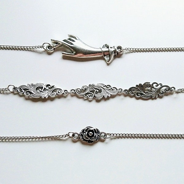 Silberne Choker-Kette im viktorianischen Stil, Hand-, Floral- oder Rosen-Design, viktorianischer Choker, zarte silberne Kette, boho, gothic