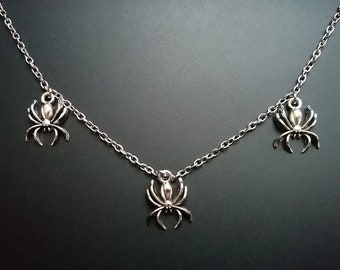 Silver spider necklace, spider choker, short necklace with spider charms, antique silver