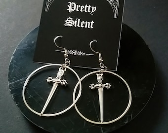 Sword Hoop Earrings, Warrior Earrings, Silver Sword Earrings, Gothic Earrings (1 pair)