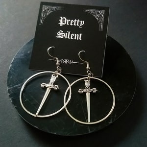 Sword Hoop Earrings, Warrior Earrings, Silver Sword Earrings, Gothic Earrings (1 pair)