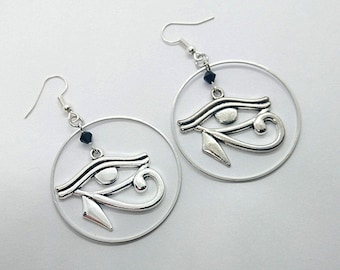 Eye of Horus Hoop Earrings, silver Egyptian earrings, Egyptian jewelry, ancient Egypt (one pair)