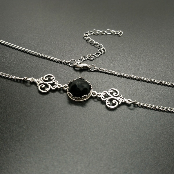 Victorian chain choker with onyx, silver gothic style necklace, elegant gemstone choker, custom length