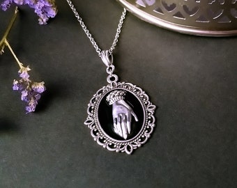 Victorian cameo necklace with hand, victorian mourning inspired necklace, gothic jewelry, dark academia aesthetic