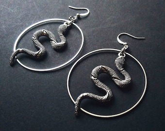 Big snake hoop earrings, silver hoops with snakes, medusa, gothic hoop earrings, silver hoop earrings, ring style snake earrings (one pair)