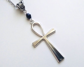 Gothic Ankh Necklace, Silver Necklace with Ankh Pendant, Egyptian Jewelry, Egypt, Ankh Cross, Long Cross Necklace,