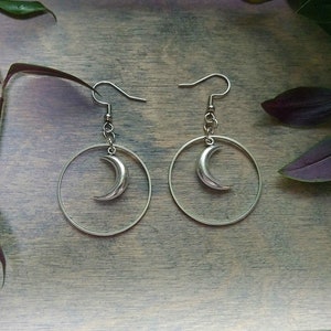 Moon hoop earrings, silver, boho, crescent moon dangle earrings, celestial earrings, 30 mm diameter, stainless steel hooks (one pair)