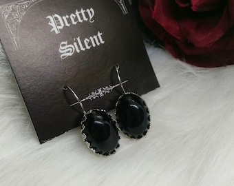 Classic gothic earrings with black glass stones, oval shaped leverback earrings - medieval, victorian, goth style (one pair)