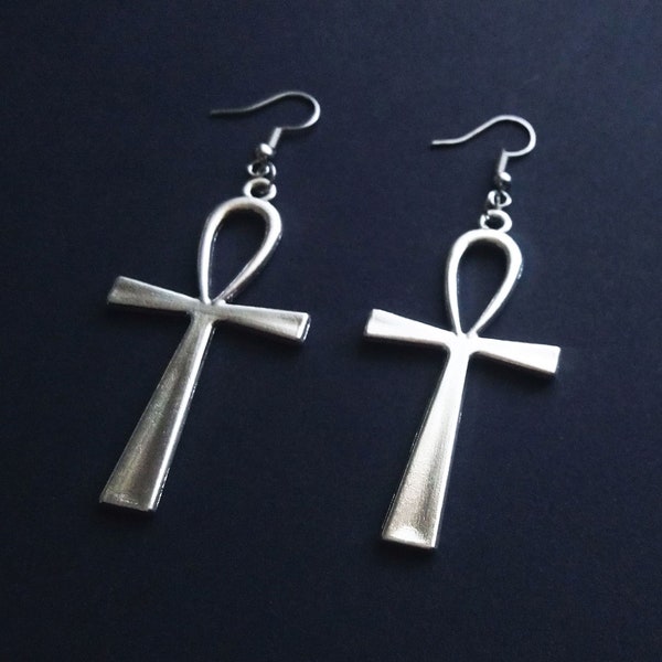 Big ankh earrings, silver earrings with ankh charms, egyptian earrings, witchy, egypt, gothic ankh cross, egyptian jewelry (one pair)