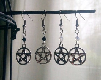 Pentagram Earrings silver, pentacle dangle earrings, gothic, witchy, wicca, black or opal white beads (one pair)