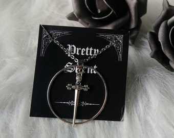 Silver Sword and Ring Necklace, Medieval Gothic Sword Necklace, Sword and Hoop Pendant