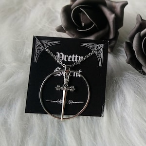 Silver Sword and Ring Necklace, Medieval Gothic Sword Necklace, Sword and Hoop Pendant