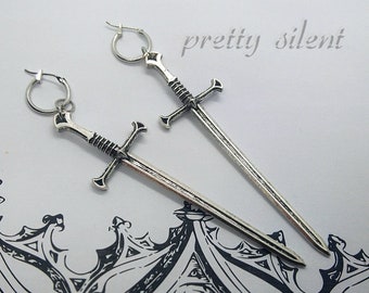 Big sword hoop earrings, silver earrings with swords, warrior earrings, gothic earrings, silver sword earrings