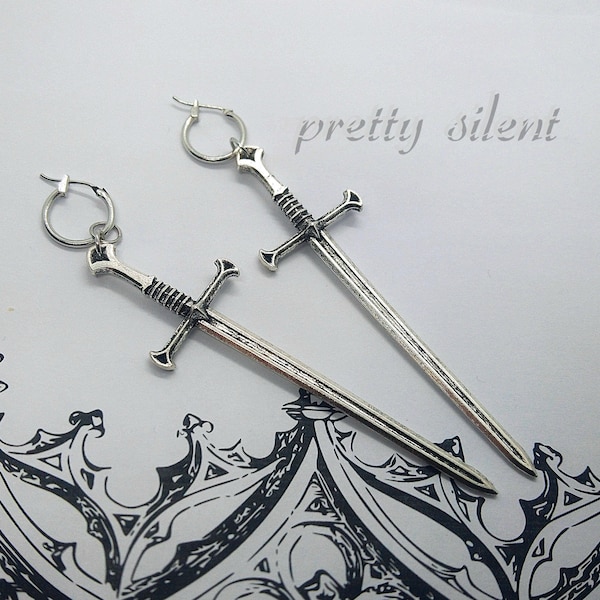 Big sword hoop earrings, silver earrings with swords, warrior earrings, gothic earrings, silver sword earrings