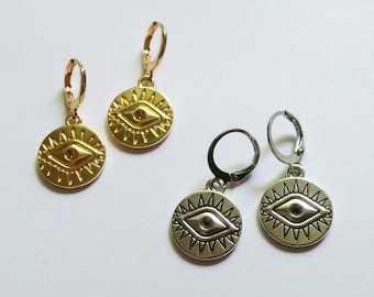 Evil Eye Huggie Earrings, gold or silver tone, evil eye coin earrings, Nazar, coin charms (one pair)