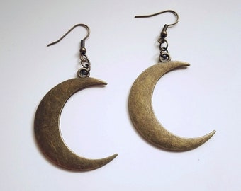 Crescent Moon Earrings Bronze, Big Crescent Moon Earrings Bronze, Witchy Moon Earrings, Wicca, Gypsy, Boho (one pair)
