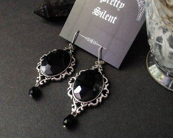 Elegant hanging earrings with black stones, gothic earrings with folding leverbacks (one pair)