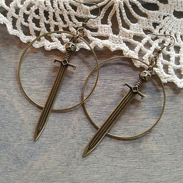 Bronze Sword Hoop Earrings, Warrior Earrings, Large Cat Sword Earrings with Hoops, Bronze Sword Earrings (1 pair)