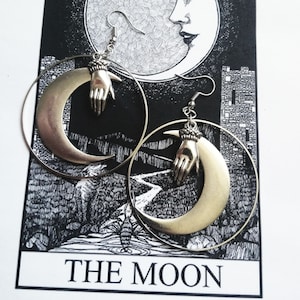 Silver Moon and Hand Hoop Earrings, Big Crescent Moon Earrings, Silver Moon Earrings, Witchy Moon Earrings, Goddess Earrings (one pair)