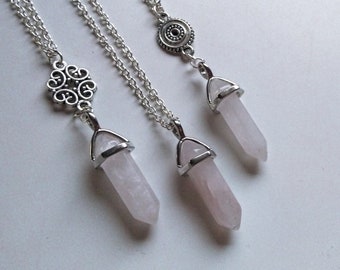 Rose quartz crystal necklace, boho crystal point necklace, crystal pendant