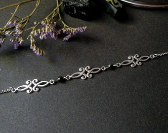 Silver ornate choker, filigree choker necklace with black glass beads, custom length!