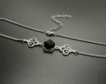 Victorian chain choker with onyx, silver gothic style necklace, elegant gemstone choker, custom length