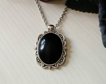 Morticia - Black cabochon necklace, classic gothic style necklace, black jewel necklace