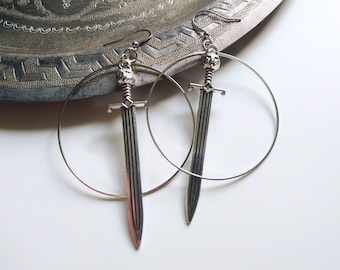 Sword Hoop Earrings, Warrior Earrings, Large Cat Sword Earrings with Hoops, Silver Sword Earrings (1 pair)