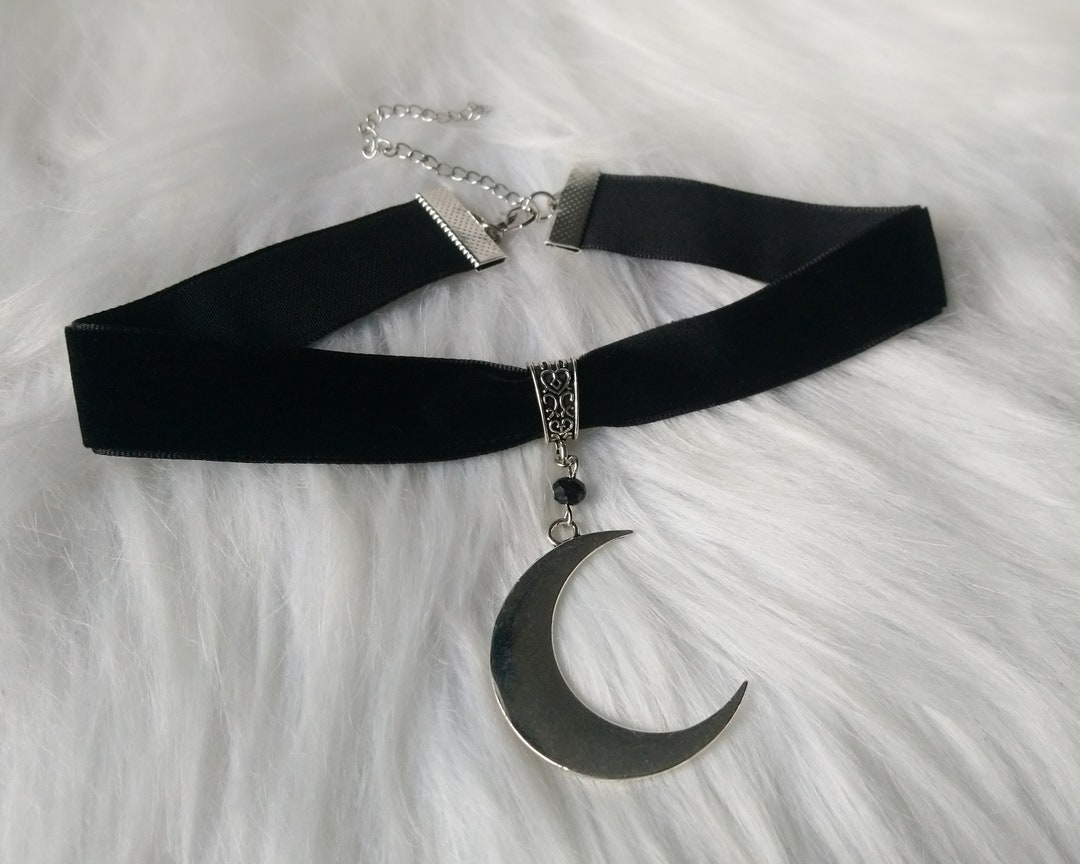 Crescent Moon Choker, Thick Black Velvet Choker With Large Silver Moon ...