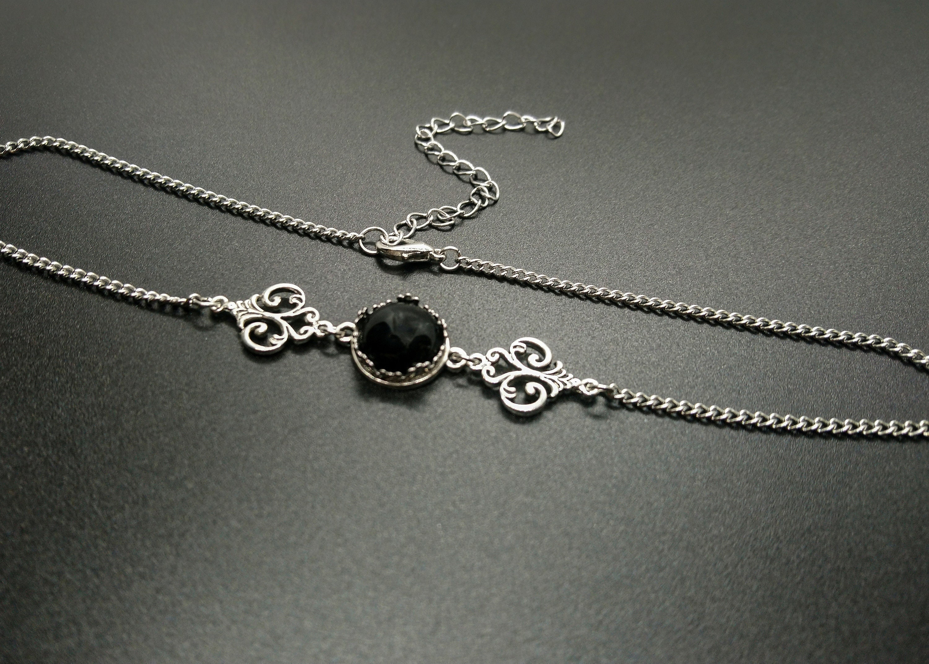 Victorian Chain Choker With Onyx, Silver Gothic Style Necklace