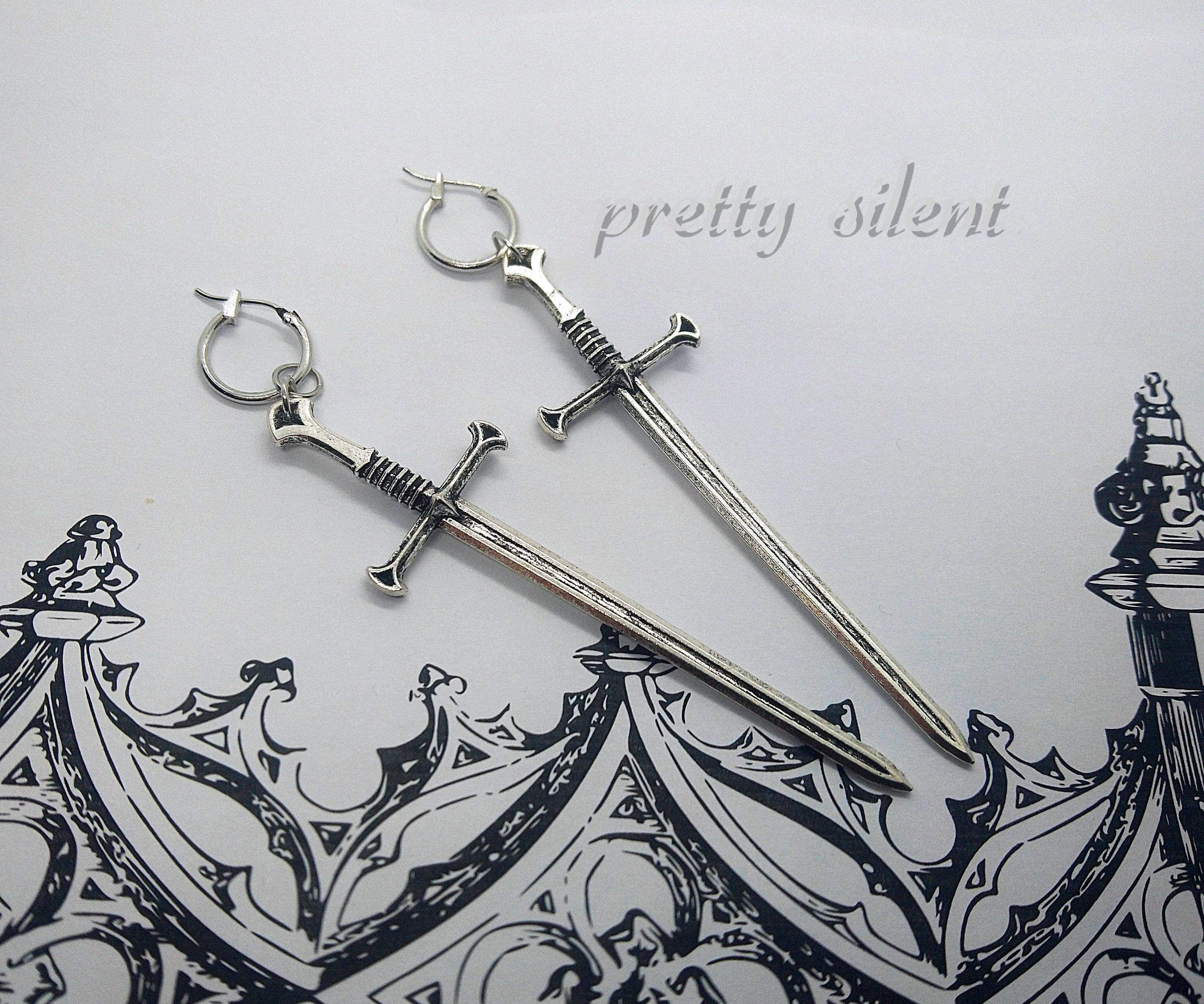 Spada orecchini in argento Sterling 925 con spada e spada, Argento sterling