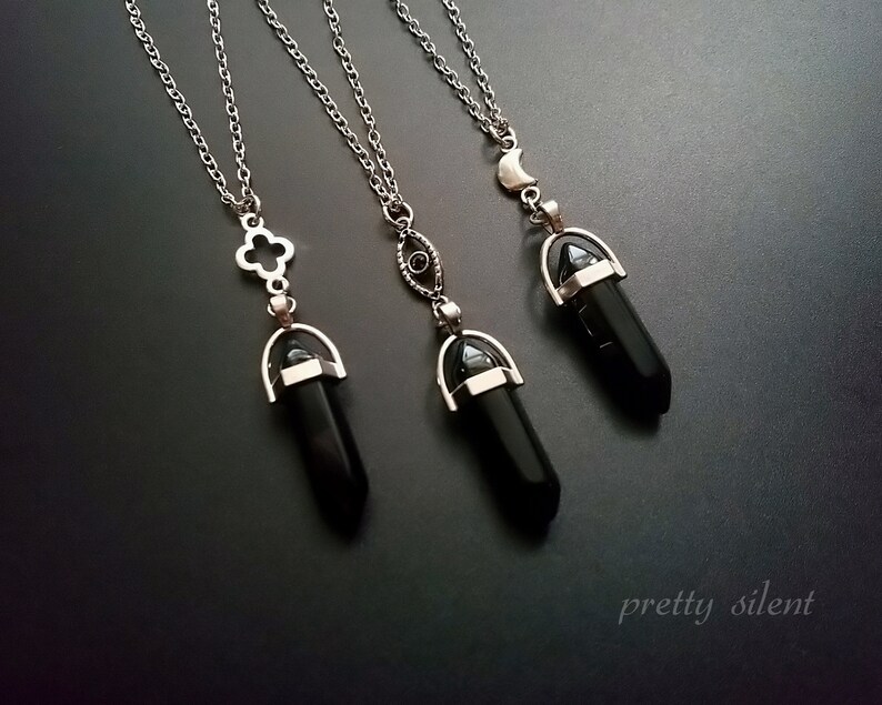 black crystal point necklace boho Necklace with onyx pendant gothic jewelry
