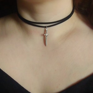 Double black choker with sword pendant, layered choker necklace with silver sword charm - alternative, goth style