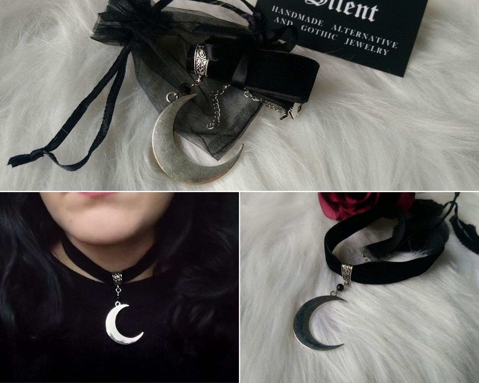 Crescent Moon Choker, Thick Black Velvet Choker With Large Silver Moon ...