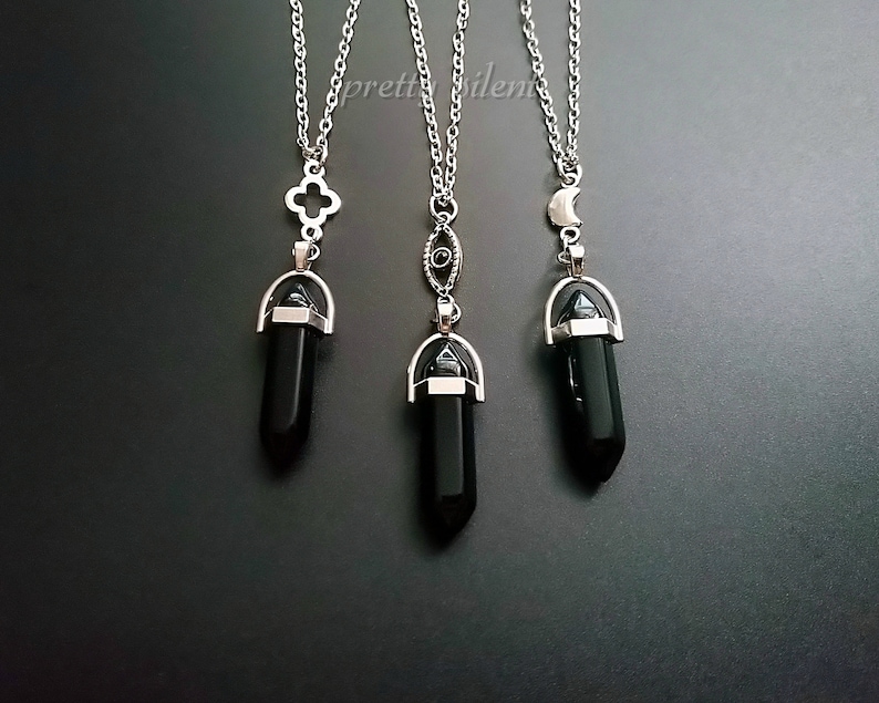 black crystal point necklace boho Necklace with onyx pendant gothic jewelry