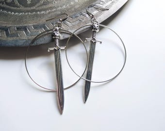 Sword Hoop Earrings, Warrior Earrings, Large Cat Sword Earrings with Hoops, Silver Sword Earrings (1 pair)