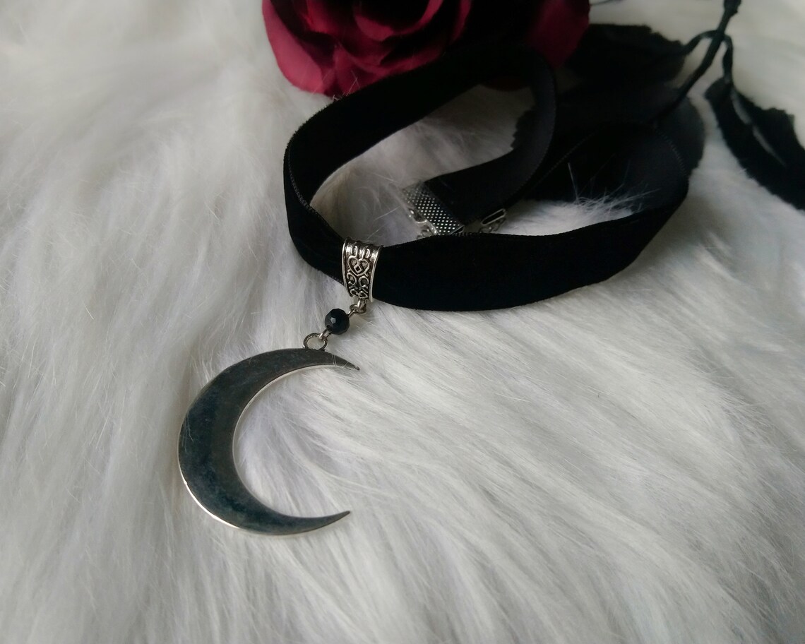 Crescent Moon Choker, Thick Black Velvet Choker With Large Silver Moon ...