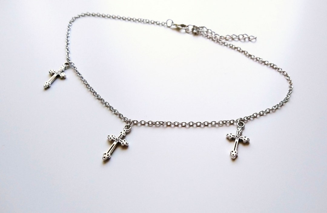 Silver Cross Necklace Cross Choker Short Necklace With Cross - Etsy