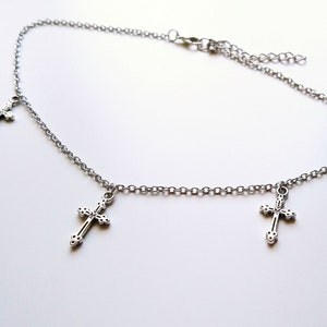 Silver cross necklace, cross choker, short necklace with cross charms, gothic jewelry