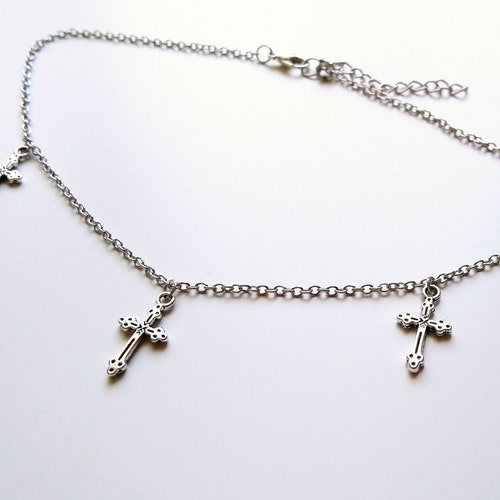 Silver Cross Necklace Cross Choker Short Necklace With Cross Etsy