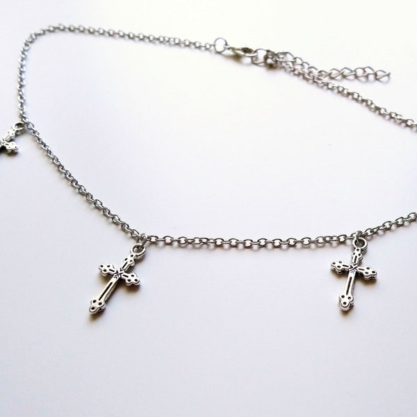 Silver cross necklace, cross choker, short necklace with cross charms, gothic jewelry