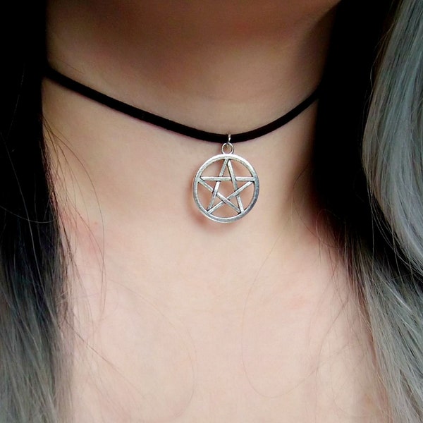 Pentagramm Choker, schwarzer Choker mit Pentagramm-Anhänger, Pentagramm Kette, Gothic Halskette, silber, schwarz