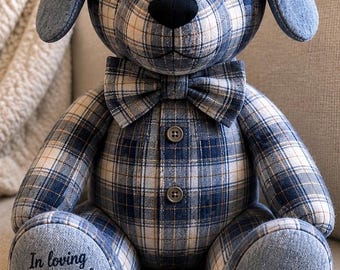 Custom memory dog made from your dog’s bandanas, outfits, and collar