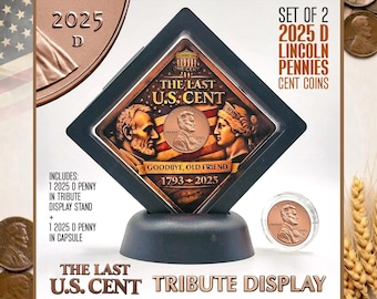 Last U.S. Cent Tribute Display, Set of 2 2025-D Lincoln Pennies, Coin Collector Gift