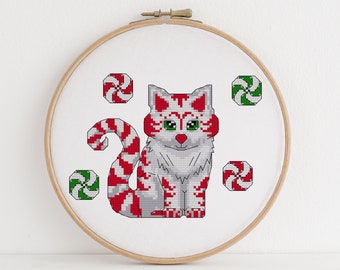 Candy Cane Cat Digital Cross Stitch Pattern