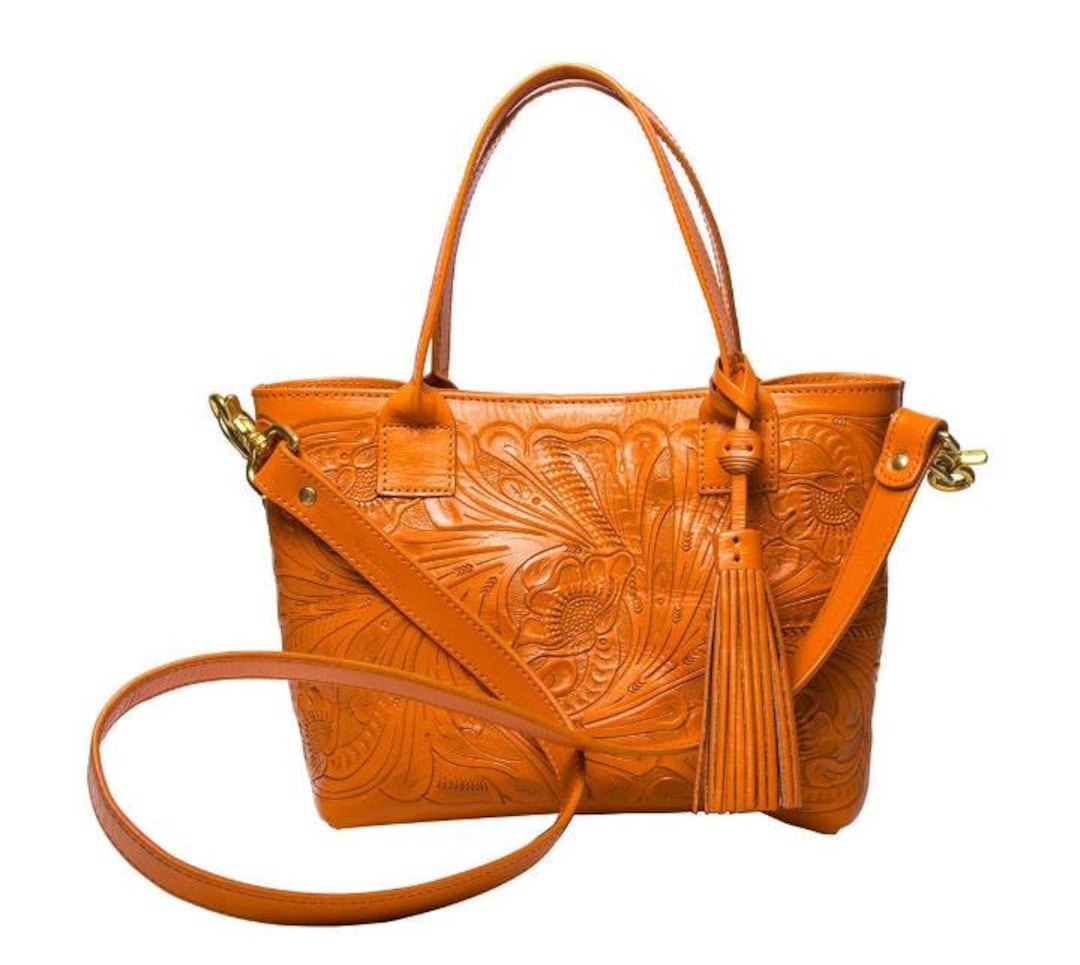 Orange Leather Bag hand Tooled Leather Bag orange Crossbody Bag tooled Purse mexican Leather Bag hand Carved Purse orange Bag fall Color Bag Etsy