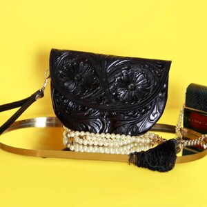 Black Leather Hand Tooled Wristlet Clutch Evening Bag Mexican Tooled Leather Mexican Style