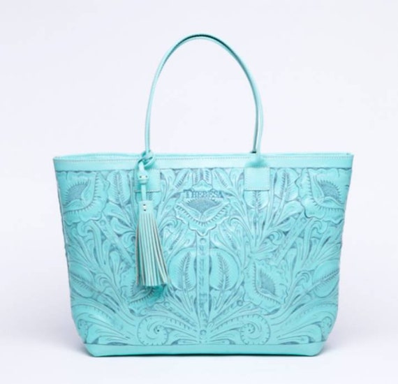 Turquoise Floral Embossed Tote Backpack Turquoise Floral Bag - Etsy main image 2